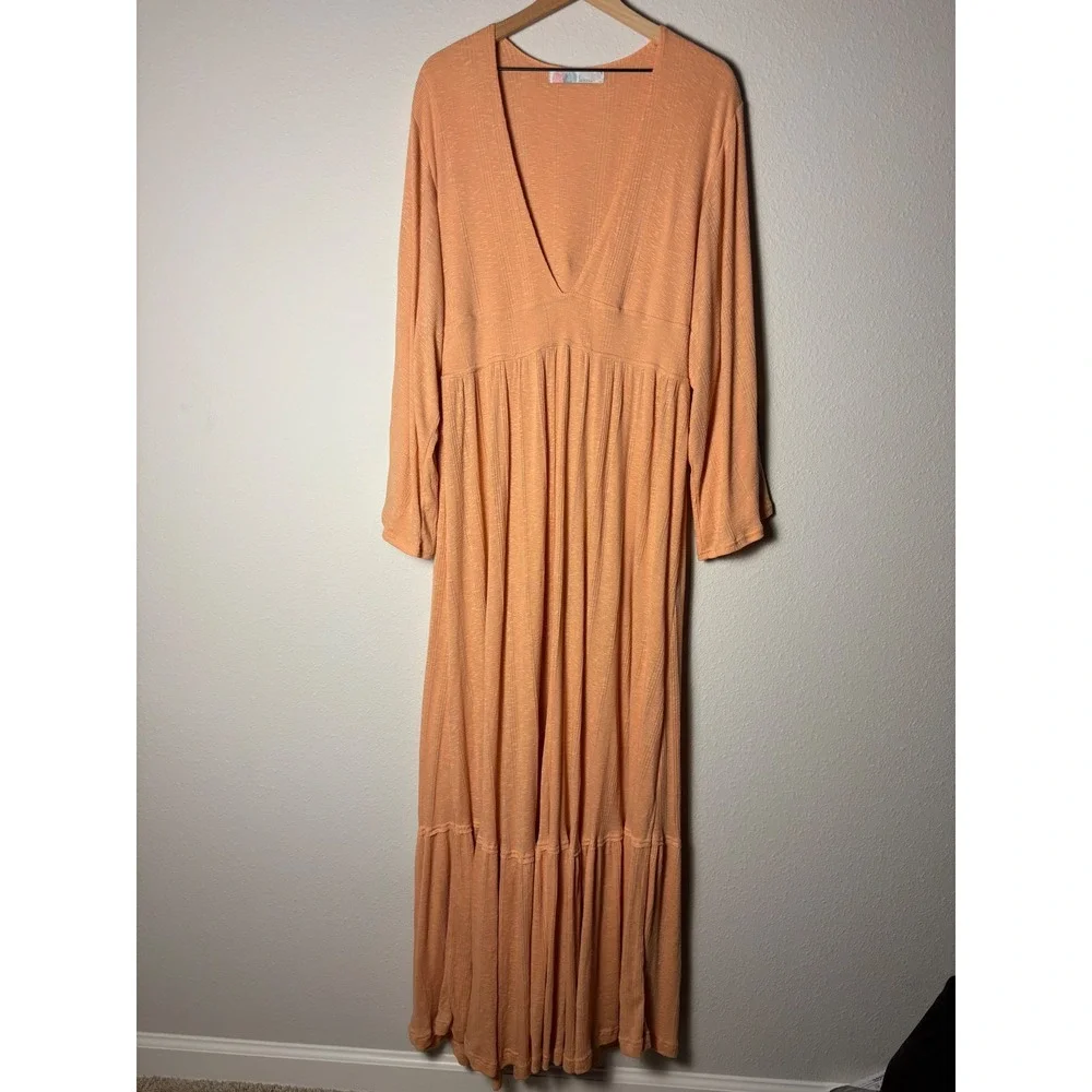 Free People Beach V Neck Maxi Tiered Dress Peach Apricot Long Sleeve L